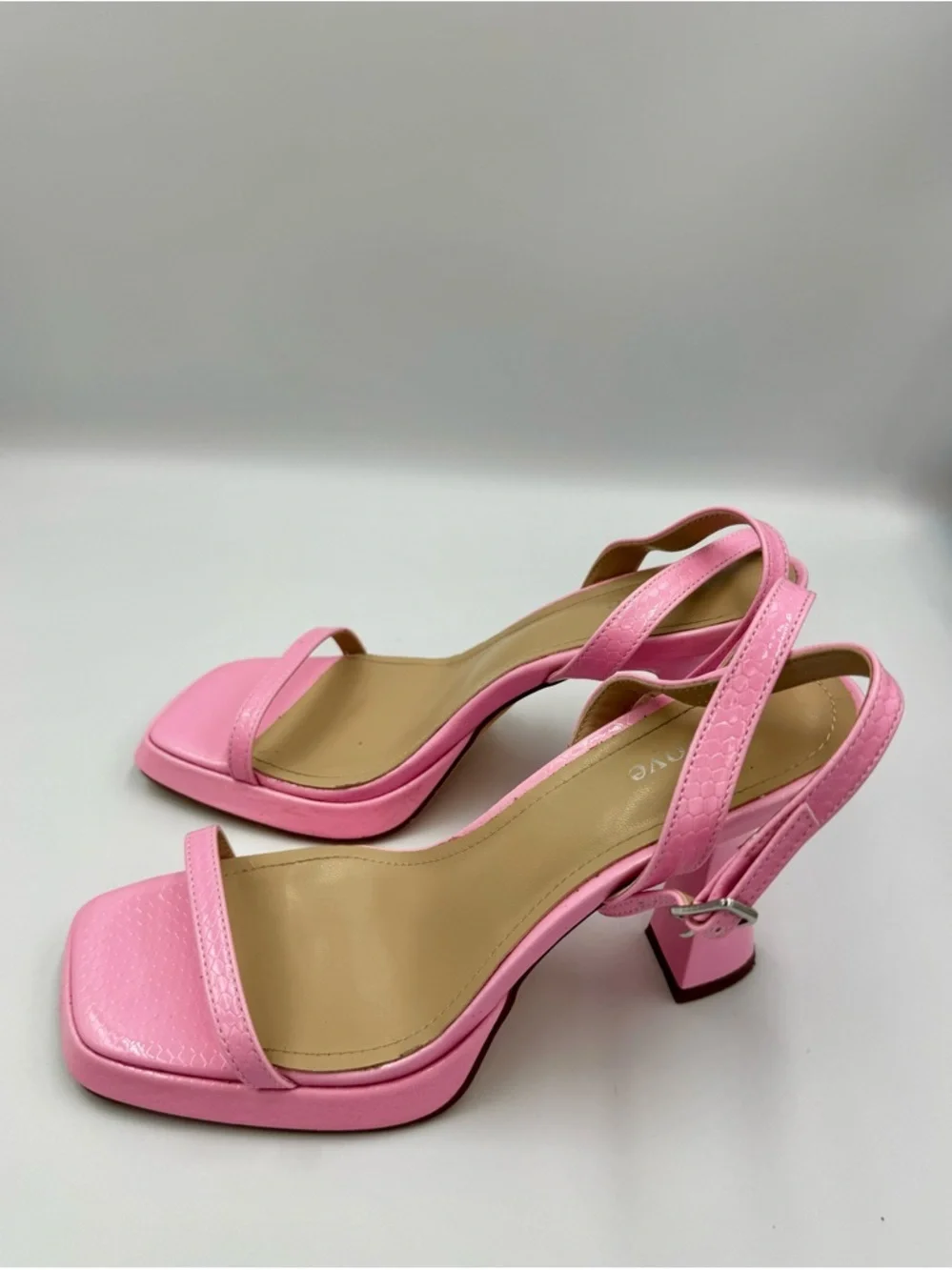 Pink Snakeskin Platform Sandals Square Toe Flare Heel Barbiecore Size 7